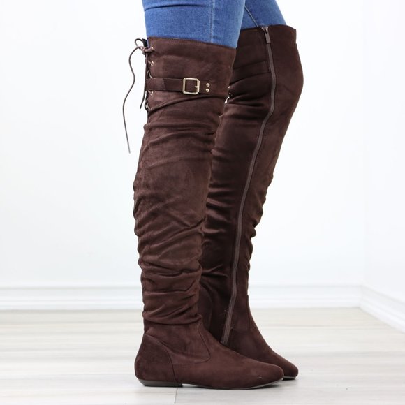 Shoes - Brown Thigh High Over The Knee Flat Boots Faux Suede Laced Back